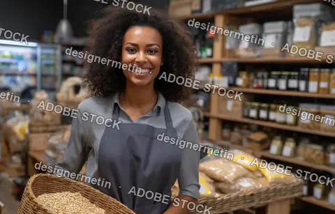 Friendly Shop Assistant Holding Basket With Grains In Organic Store Representing Sustainable Food Retail And Healthy Lifestyle Concept