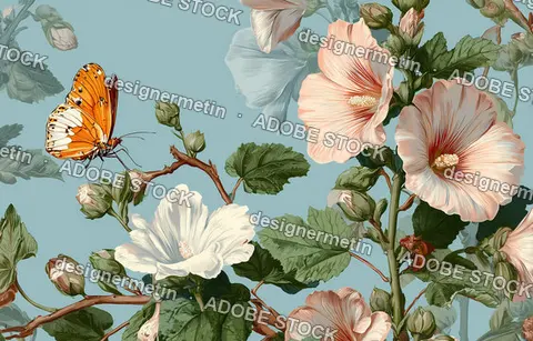 Elegant Butterfly Resting On Blooming Flowers In Artistic Composition Blending Nature Beauty And Vintage Botanical Illustration Style