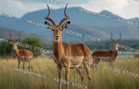 Group Of Antelope Standing In Grassy Savanna Landscape With Mountains Creating Serene Wildlife Scene In Natural Habitat