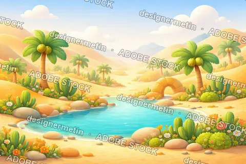 Colorful Desert Oasis Illustration With Palm Trees Water And Soft Landscape Creating Playful Vibrant Fantasy Environment Background Scene