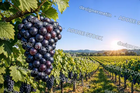 Ripe Grapes Hanging In Vineyard During Sunset Representing Agriculture Harvest Wine Production And Natural Rural Landscape Scenery