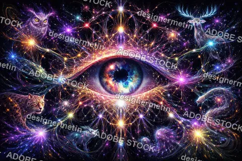 Surreal Cosmic Eye With Glowing Neural Connections And Mystical Animals Representing Consciousness Imagination Universe And Spiritual Awareness Concept