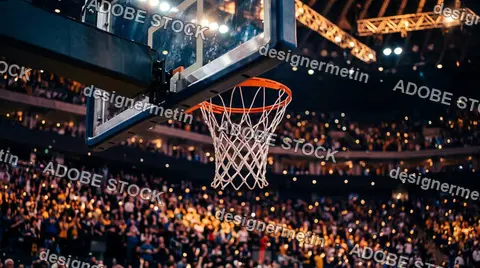 Basketball Hoop And Net In Arena With Cheering Crowd And Bright Lights Capturing Excitement Of Professional Sports Event