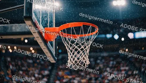 Basketball Hoop Under Stadium Lights Capturing Professional Sports Atmosphere Competition And Dynamic Game Environment