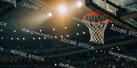 Basketball Hoop Under Stadium Lights Capturing Professional Sports Atmosphere Competition And Dynamic Game Environment