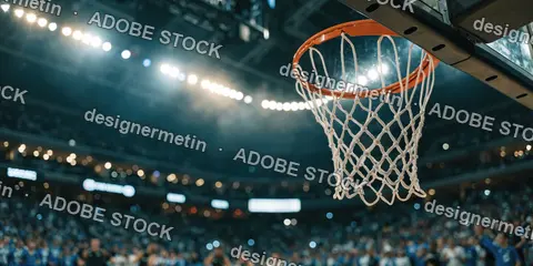 Basketball Hoop Under Stadium Lights Capturing Professional Sports Atmosphere Competition And Dynamic Game Environment