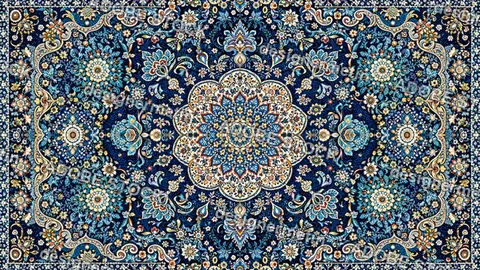 Ornate Persian Carpet Design With Intricate Floral Medallion And Rich Blue Tones Showcasing Traditional Symmetry And Decorative Textile Artistry