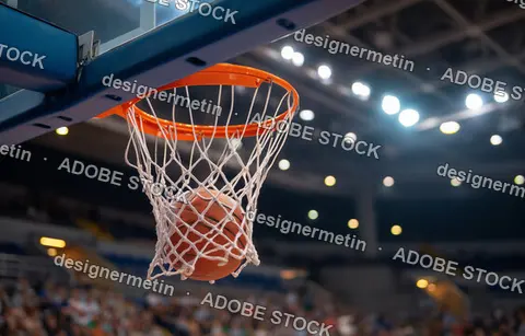 Basketball Falling Through White Net Of Orange Rim In Crowded Stadium During Professional Match With Bokeh Background