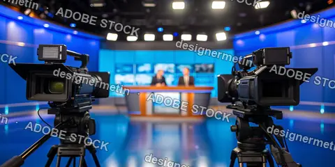 Professional Television News Studio Set With Two Broadcast Cameras Anchors Desk And Blue LED Lighting