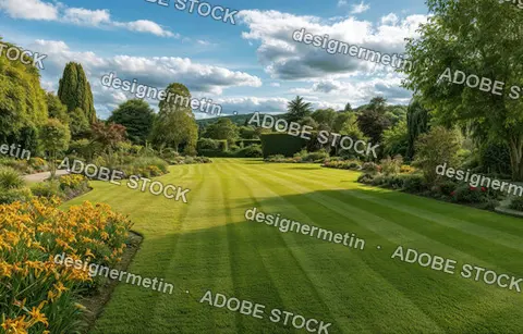 Beautiful Manicured Garden With Striped Lawn Green Grass Yellow Flowers Trees And Blue Sky With White Clouds