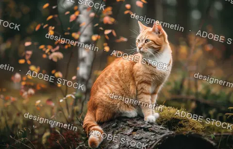 Orange Tabby Cat Sitting On A Mossy Log In An Autumn Forest Looking Away With Focused Eyes