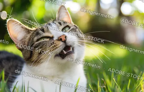 Tabby And White Domestic Cat Sitting In Green Grass Outdoors With Mouth Open Looking Into Camera Lens
