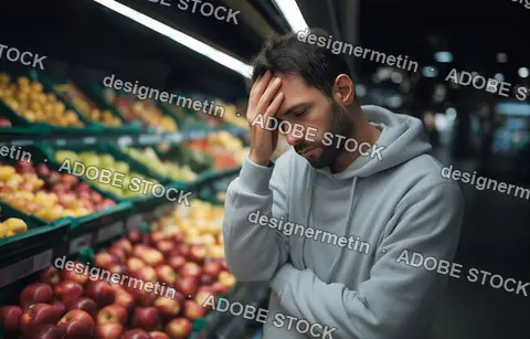 Stressed Young Man Standing In A Supermarket Produce Aisle Feeling Overwhelmed By High Food Prices And Inflation