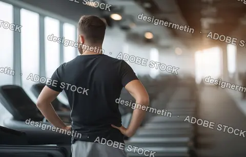 Rear View Of Athletic Man Standing Inside Fitness Center Looking At Empty Treadmills Ready For Exercise Session