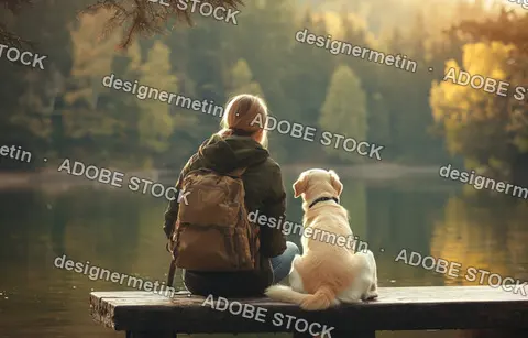 Woman With Backpack And Golden Retriever Dog Sitting On Wooden Pier By Peaceful Lake In Misty Forest