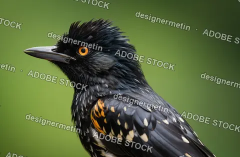 Close Up Portrait Of Striking Black Bird With Bright Orange Eyes And Spiky Crest Feathers In Nature