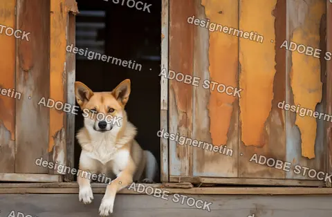 Brown And White Dog Looking Out From A Rustic Wooden Window With Old Peeling Orange Paint Texture