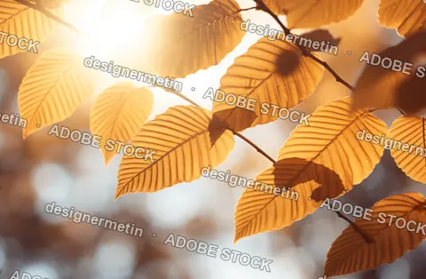 Golden Autumn Leaves On A Branch Glow Under Bright Sunlight In A Peaceful Forest Setting During Fall