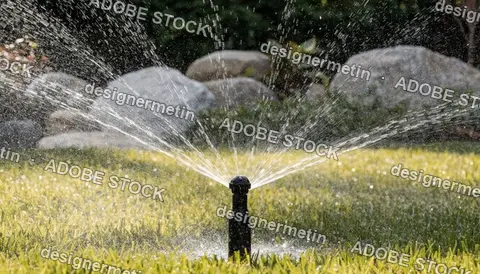 Automatic Garden Sprinkler Head Spraying Water Over Green Grass Lawn With Decorative Backyard Landscape Stone Rock Background