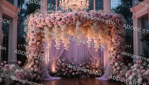 Elegant Floral Archway Decorated With Pink And Lavender Roses For Luxury Wedding Ceremony Celebration In Indoor Venue
