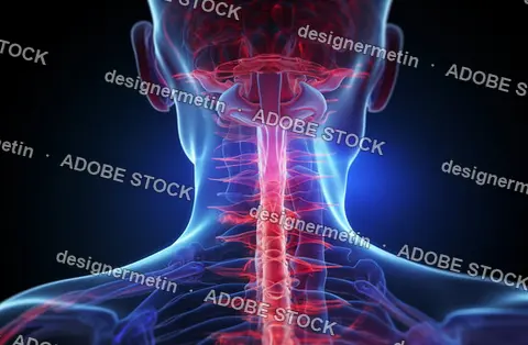 Medical Illustration Of Human Cervical Spine And Neck Vertebrae Showing Inflammation Or Pain In Red Glowing Colors