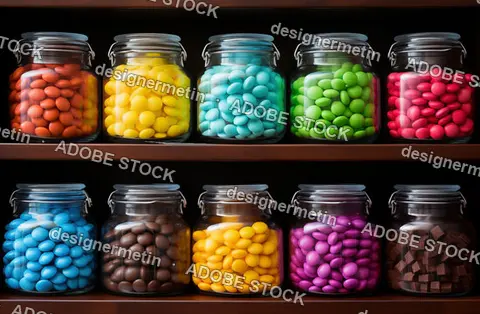 Rows Of Glass Jars Filled With Colorful Chocolate Candies And Treats On Dark Wooden Shelves For Sale