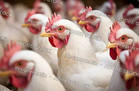 White Chickens In A Poultry Farm Setting Focusing On A Single Hen With Red Comb And Wattles