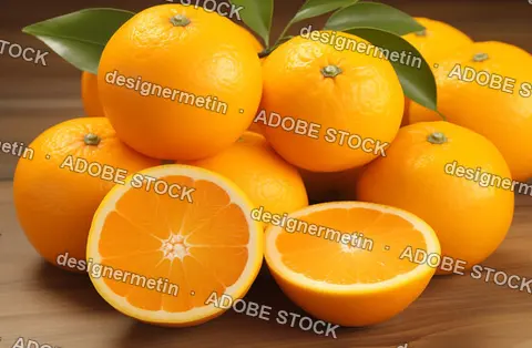 Fresh Ripe Oranges Pile With Green Leaves On Wooden Table Showing One Sliced Juicy Fruit For Breakfast
