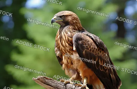 Majestic Golden Eagle Sitting On A Dry Branch With Its Sharp Gaze Turned Toward The Lush Forest