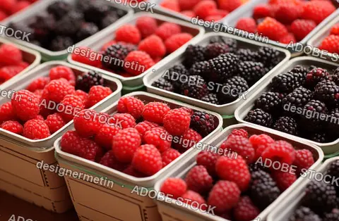 Organic Red Raspberries And Dark Blackberries Displayed In Biodegradable Paper Containers At An Outdoor Summer Food Market.