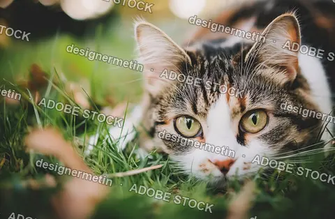 Close Up Portrait Of A Beautiful Calico Tabby Cat Hunting In The Green Grass With Intense Eyes