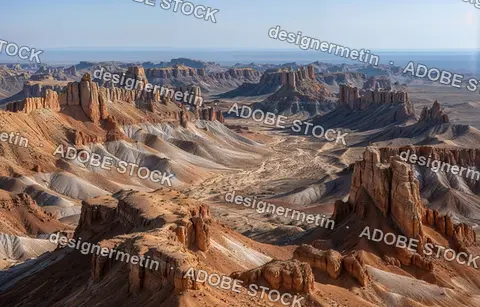Majestic Rock Formations And Eroded Canyons Create Stunning Desert Landscape Under Clear Blue Sky In Remote Wilderness