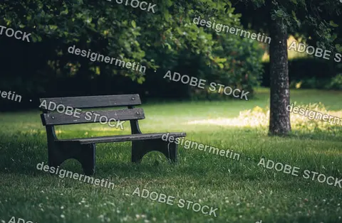 Wooden Bench Sits On Green Grass In Peaceful Park Garden With Sunlight Filtering Through Lush Green Trees