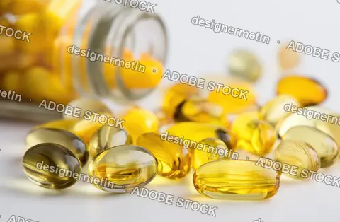 Golden Fish Oil Omega Three Capsules Spilled From Glass Bottle On White Background For Health And Wellness