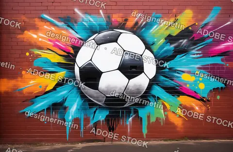 Colorful Graffiti Mural Of A Soccer Ball Painted On A Red Brick Wall With Vibrant Paint Splashes