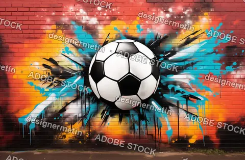 Soccer Ball Graffiti Mural On Urban Brick Wall With Colorful Orange And Blue Paint Splashes And Textures