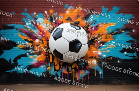 Colorful Graffiti Art On Brick Wall Featuring Soccer Ball In Center With Blue And Orange Paint Splatters