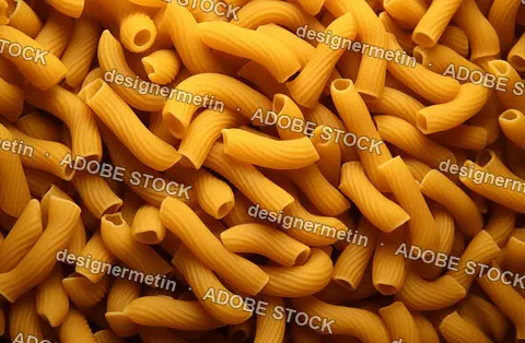 Uncooked Dry Penne Rigate Pasta Filling Entire Frame As Vibrant Yellow Textured Food Background Closeup