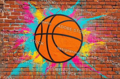 Vibrant Basketball Graffiti Explosion On Brick Wall Featuring Dynamic Paint Splashes And Urban Street Art Energy