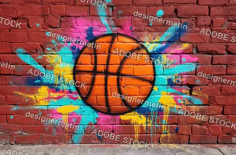 Colorful Street Art Basketball Illustration With Dripping Paint Effects On Textured Red Brick Background Urban Scene