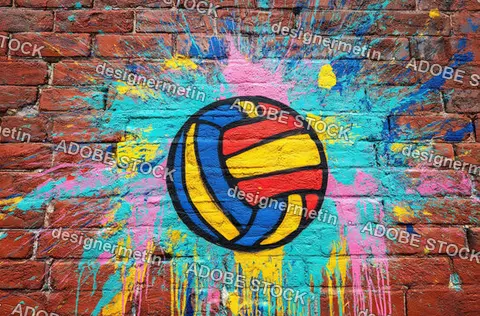 Abstract Volleyball Graffiti Design With Bold Splashes And Bright Colors On Rustic Brick Surface Artistic Expression