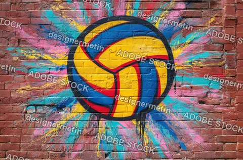 Modern Volleyball Street Art Mural With Energetic Color Bursts And Urban Texture On Brick Wall Background