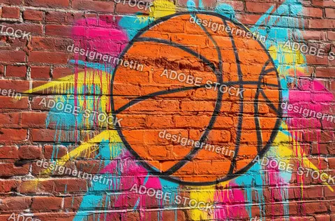 Detailed Basketball Graffiti Artwork Featuring Multicolor Paint Splatter Effects On Rough Brick Surface Contemporary Style
