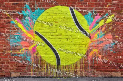 Oversized Tennis Ball Graffiti Composition With Neon Paint Splashes And Urban Brick Texture Creating Bold Visual Impact