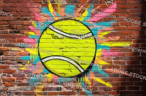 Minimal Tennis Ball Street Art Design With Vibrant Paint Explosions Against Textured Brick Wall Background