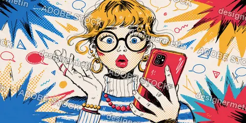 Surprised Young Woman With Big Glasses Looking At Her Smartphone In A Vibrant Pop Art Comic Illustration