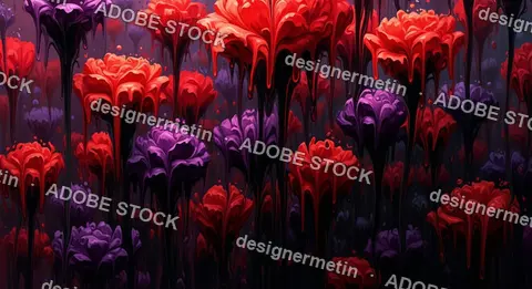 Surreal Digital Painting Of Red And Purple Melting Flowers Dripping Black Liquid In Dark Artistic Garden Scene