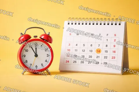 Red Alarm Clock And Calendar On Yellow Background Showing Time Management Concept For Planning Business And Schedule