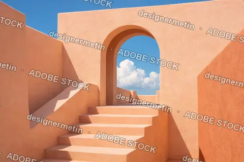 Minimalist Mediterranean Architecture Showing Orange Stairs And Arch Leading To A Bright Blue Sky With Fluffy Clouds