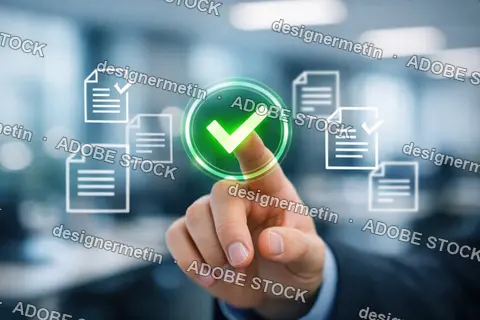 Person Touching Virtual Checkmark Icon For Digital Document Verification Compliance And Quality Control Management In Professional Office